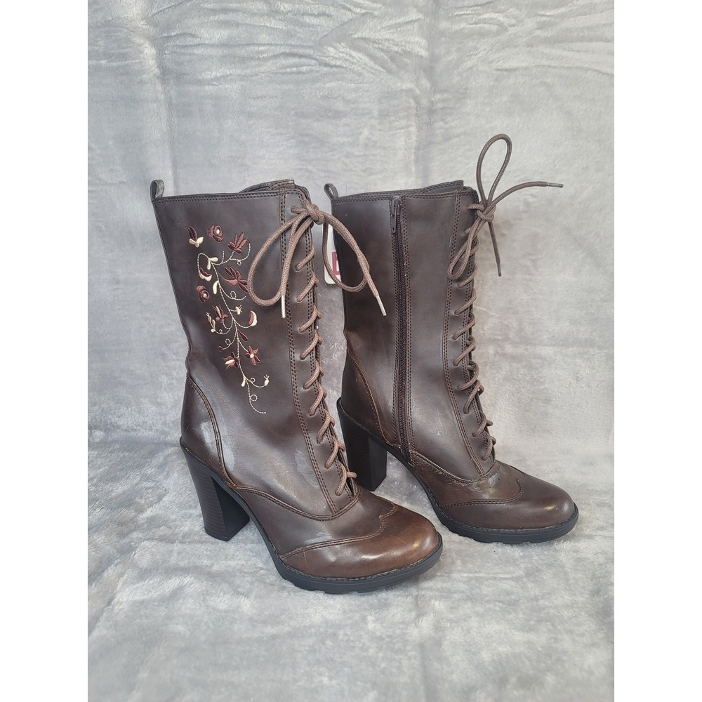 Whimsical Victorian Brown Embroidered Lace Up Heel Boots Steampunk 8 Romantic